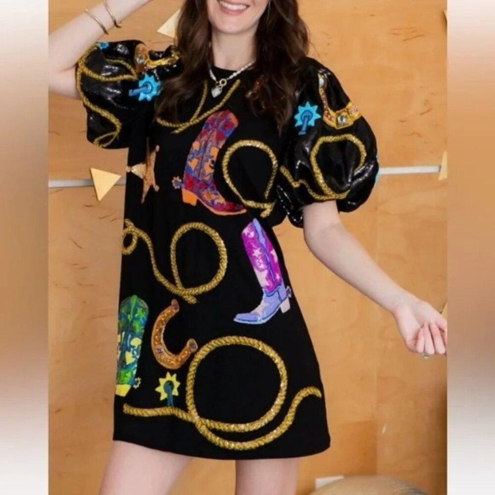 EUC, Medium, Queen of Sparkles, Black Sequin Cowgirl Icon Tunic Dress